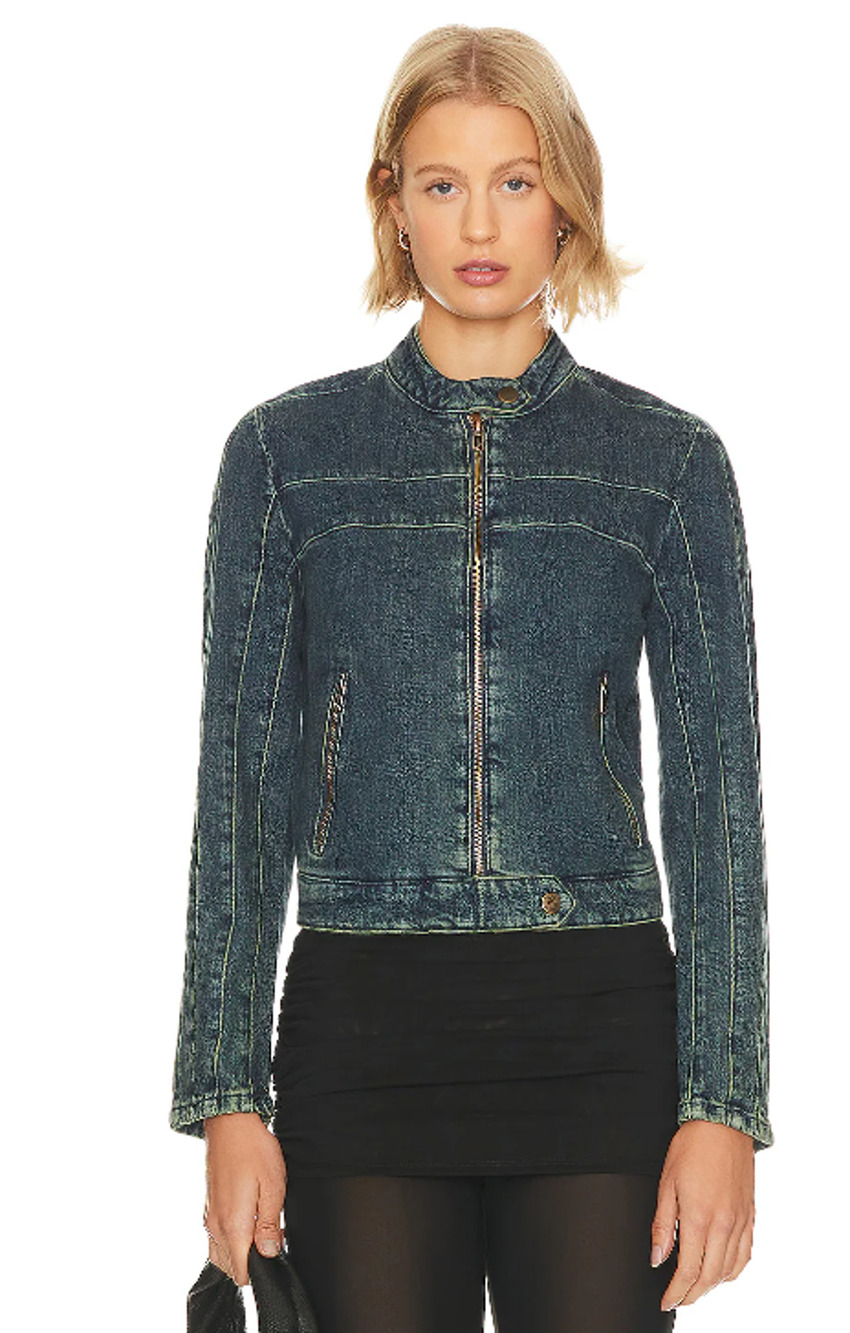 FREE PEOPLE x WE THE FREE Fast Lane Denim Moto Jacket Small Alchemy Blue NWT